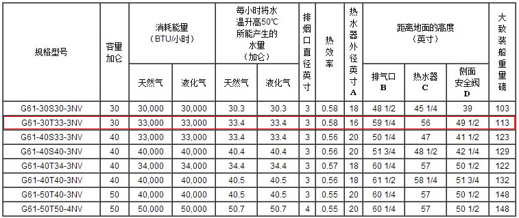 美國鷹牌熱水爐G61-30T33-3NV